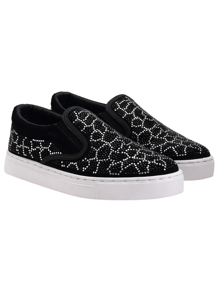 Romwe Black Thick-soled White Rhinestone Flats