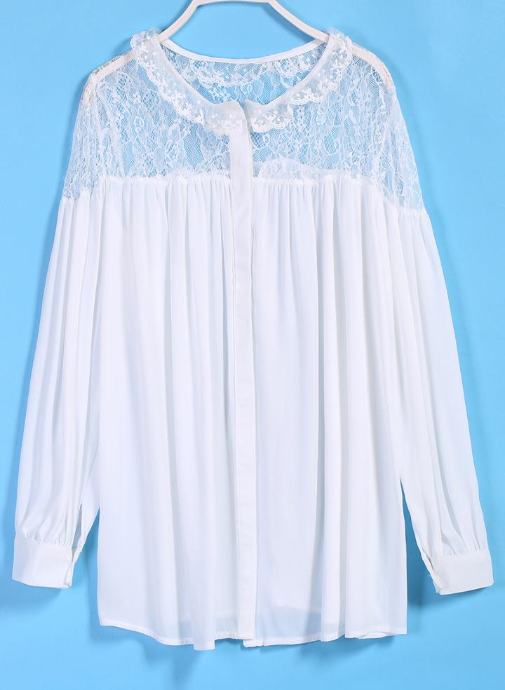 Romwe Contrast Lace Chiffon White Blouse