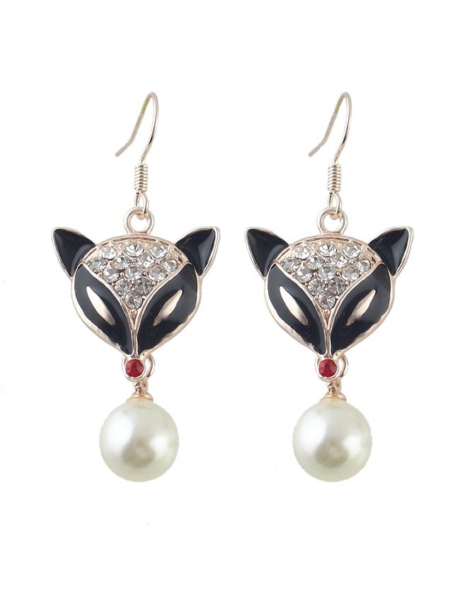 Romwe Imitation Pearl Rhinestone Fox Head Women Drop Earrings