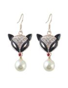 Romwe Imitation Pearl Rhinestone Fox Head Women Drop Earrings