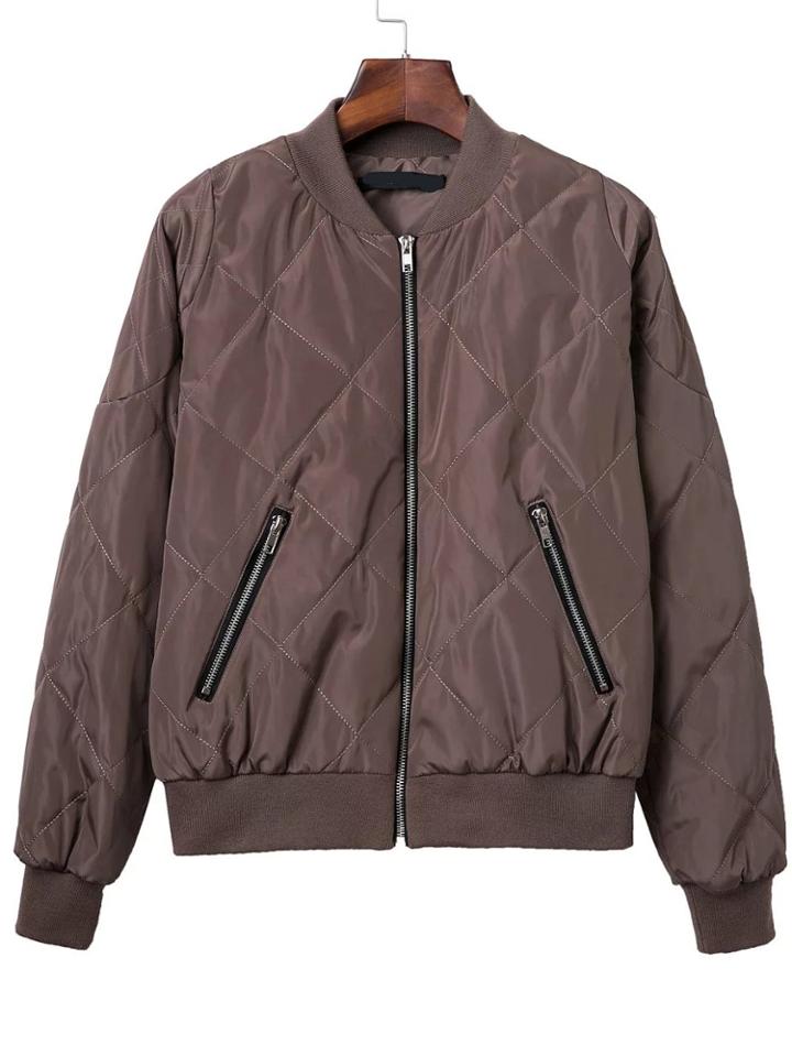 Romwe Brown Diamond Quilted Bomber Jacket With Zipper