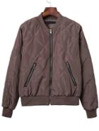 Romwe Brown Diamond Quilted Bomber Jacket With Zipper