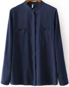 Romwe Stand Collar Pockets Navy Blouse