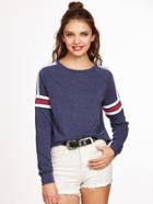 Romwe Navy Heathered Varsity Striped Raglan Sleeve Sweatshirt