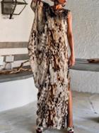 Romwe Oblique Shoulder Printed Slit Asymmetrical Dress