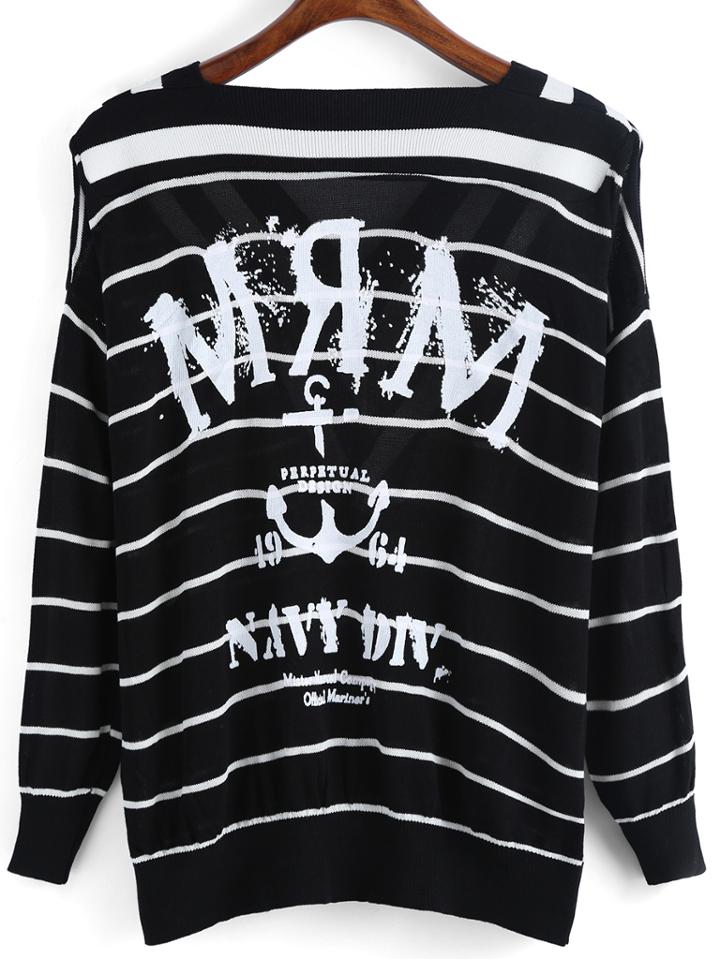 Romwe V Neck Striped Letter Print Loose Sweater