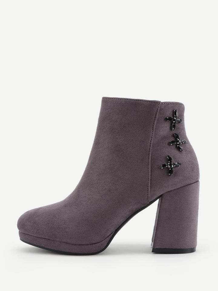 Romwe Rhinestone Flower High Heeled Ankle Boots