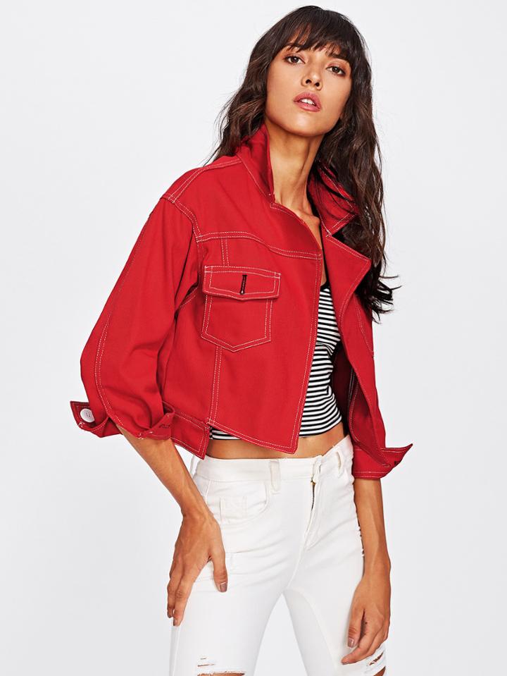 Romwe Open Front Cropped Denim Jacket