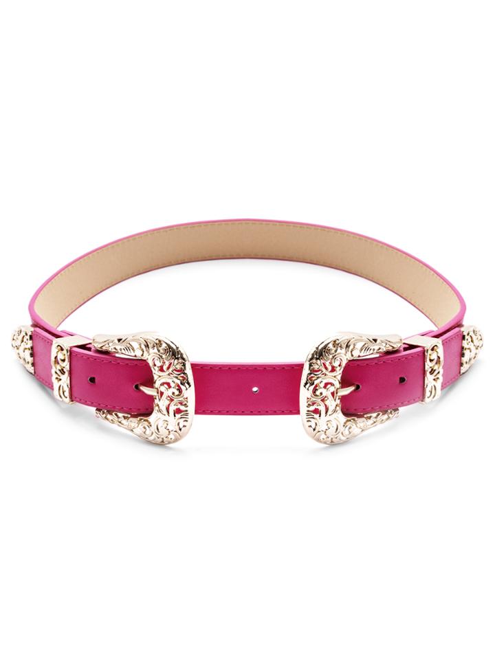 Romwe Hot Pink Double Buckle Faux Leather Belt