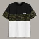 Romwe Guys Letter & Camo Print Cut-and-sew Tee