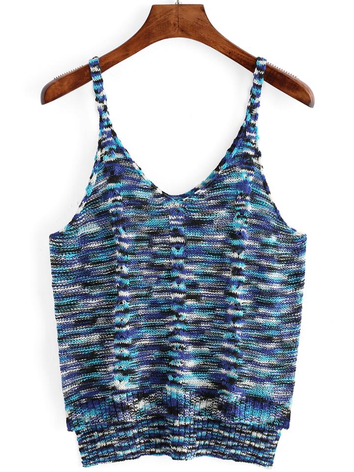 Romwe V Neck Dip Hem Printed Blue Cami Top