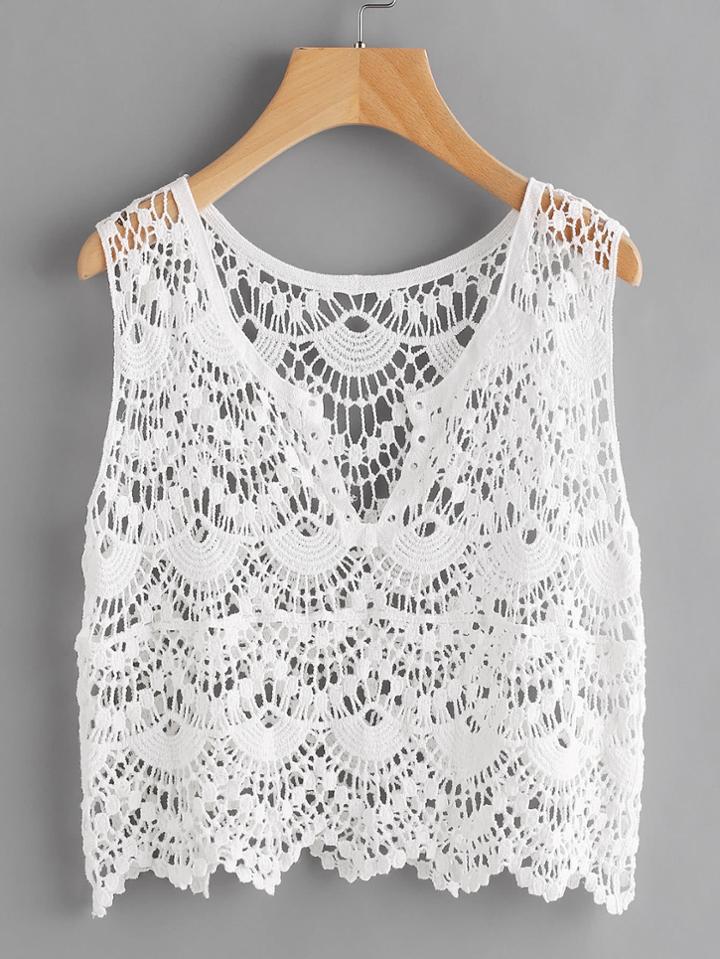 Romwe Scalloped Hem Hollow Out Lace Top