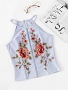 Romwe Rose Applique Zip Up Back Cami Top