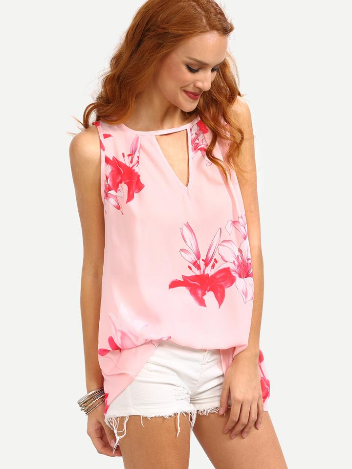 Romwe Double Keyhole Neck Flower Print Chiffon Dress - Pink