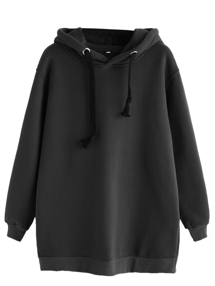Romwe Black Zipper Side Drawstring Hooded Sweatshirt