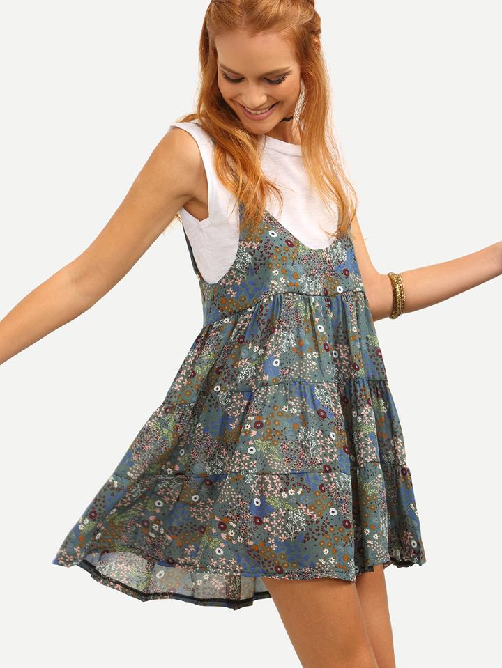Romwe Floral Print Tiered Swing Cami Dress With T-shirt