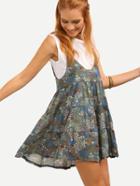 Romwe Floral Print Tiered Swing Cami Dress With T-shirt