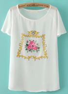 Romwe Round Neck Flower Print Chiffon Loose White T-shirt