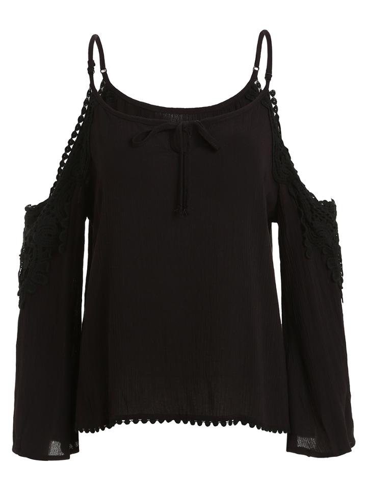 Romwe Black Cold Shoulder Lace Insert Pom Pom Shirt