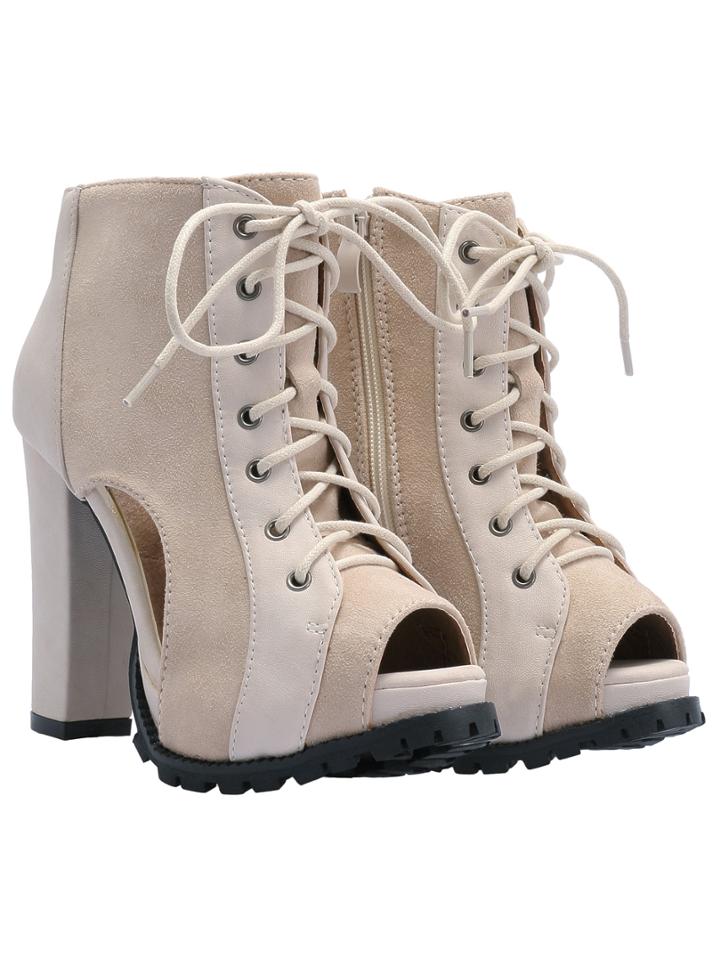 Romwe Apricot Lace Up Cutout Peep Toe Pumps
