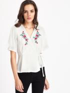 Romwe Floral Embroidered Wrap Self Tie Waist Top