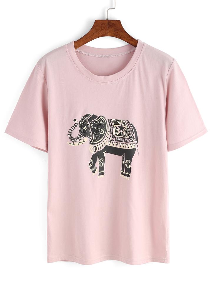 Romwe Pink Elephant Print T-shirt