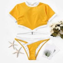 Romwe Contrast Piping Cut-out Two Piece Swimsuit