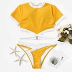 Romwe Contrast Piping Cut-out Two Piece Swimsuit