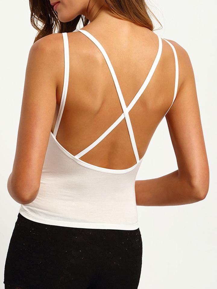 Romwe Criss Cross Back White Cami Top