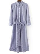 Romwe Blue White Stripe Buttons Front Tie-waist Bow Shirt Dress