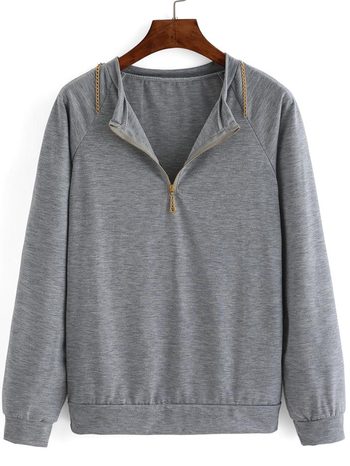 Romwe Raglan Sleeve Zipper Chain Embellished Sweatshirt