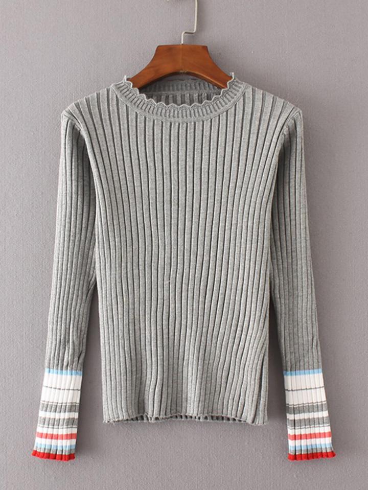 Romwe Striped Sleeve Ribbed Knit Sweater