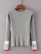 Romwe Striped Sleeve Ribbed Knit Sweater