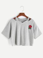 Romwe V-neck Rose Patch Cut Out Tee