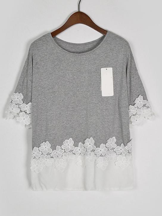 Romwe Contrast Lace Crochet Grey T-shirt
