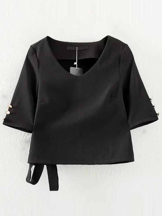 Romwe Black V Neck Tie Buttons Blouse