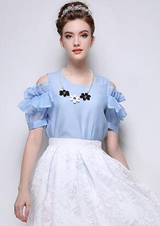 Romwe Cold Shoulder Ruffle Blue Top