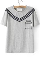 Romwe Striped Letter Print Grey T-shirt