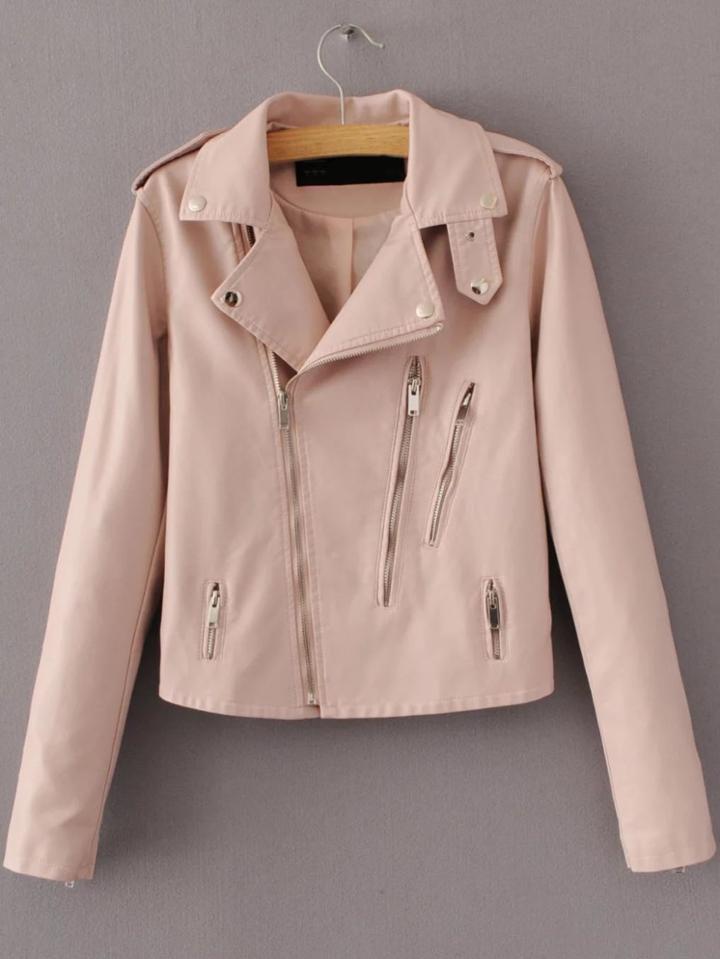 Romwe Pink Oblique Zipper Pu Moto Jacket