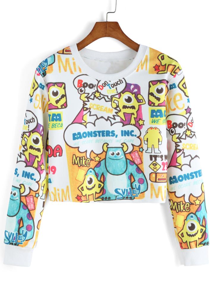 Romwe Monster Print Crop White Sweatshirt