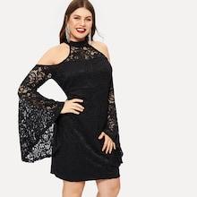 Romwe Plus Cold Shoulder Flounce Sleeve Lace Dress