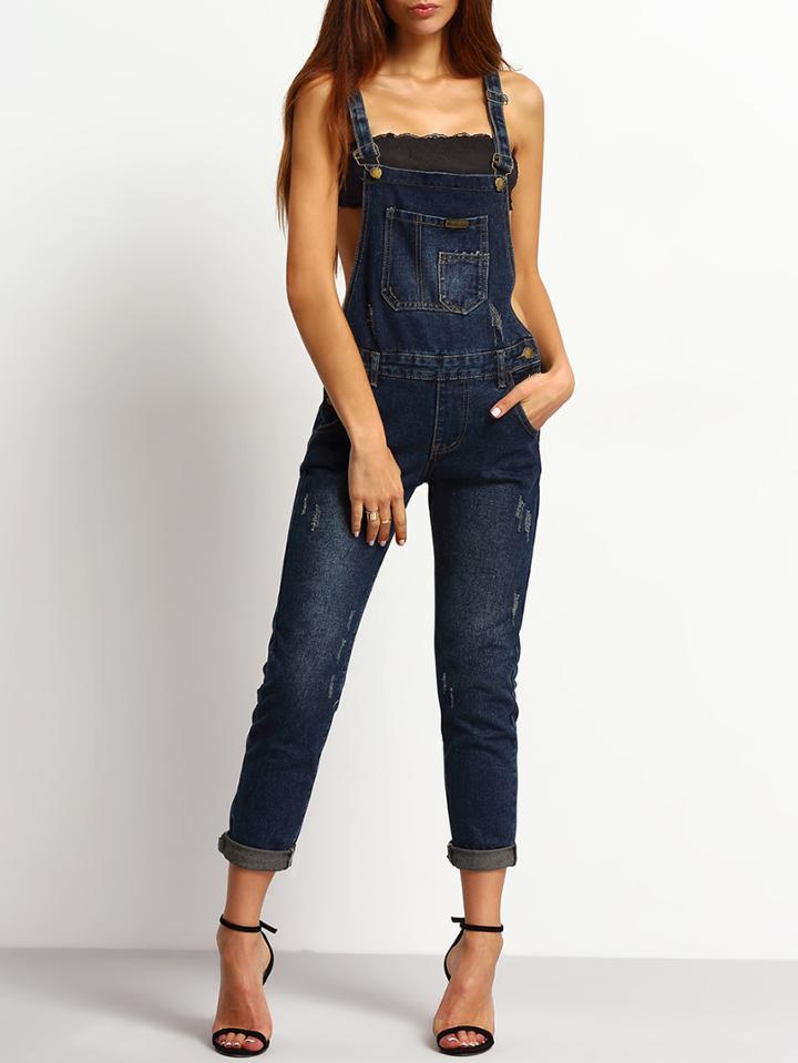 Romwe Navy Strap Ripped Bleached Denim Jumpsuit