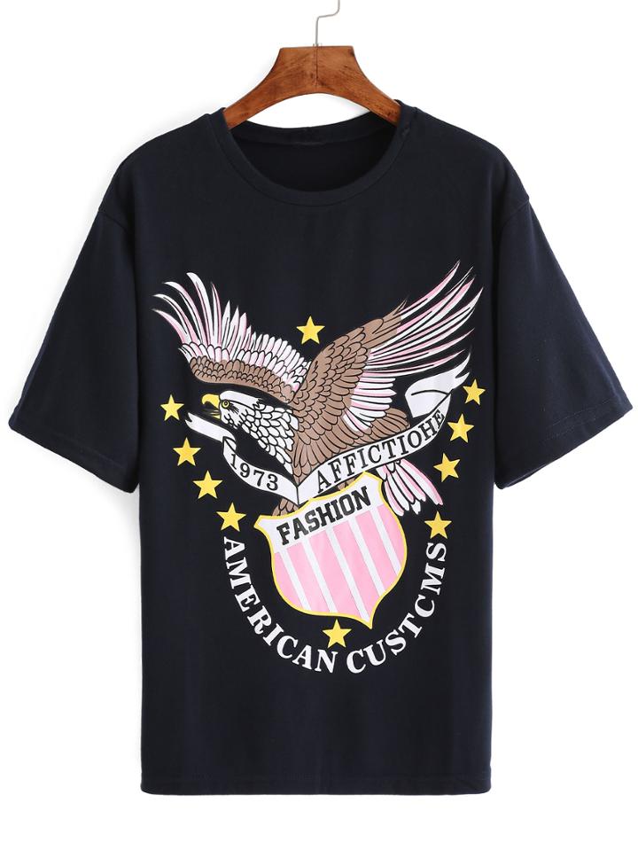 Romwe Eagle Print Black T-shirt