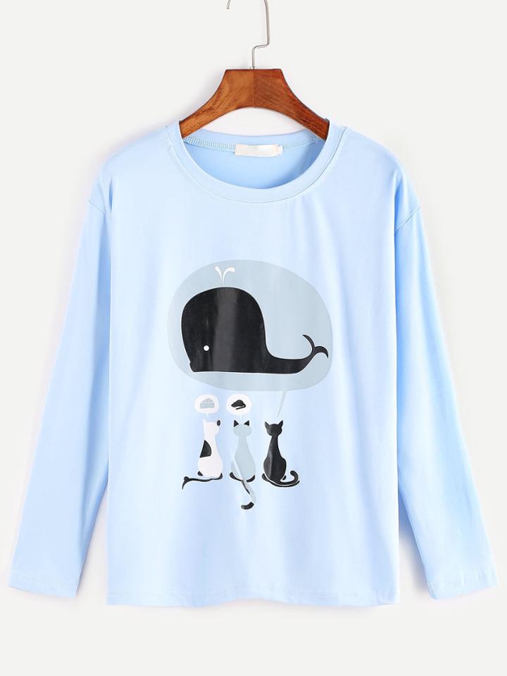 Romwe Light Blue Cartoon Print T-shirt