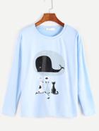 Romwe Light Blue Cartoon Print T-shirt