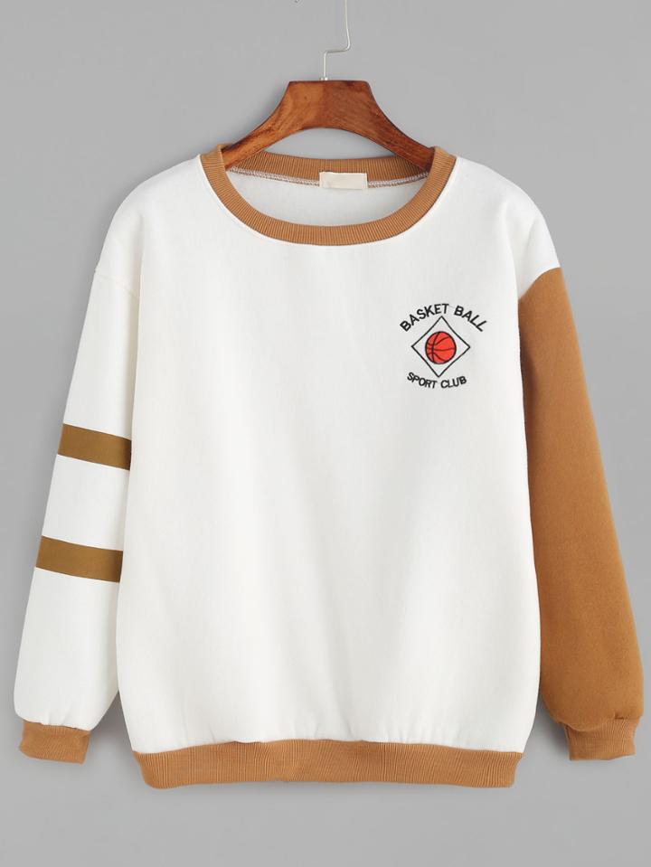 Romwe Contrast Basketball Embroidery Sweatshirt