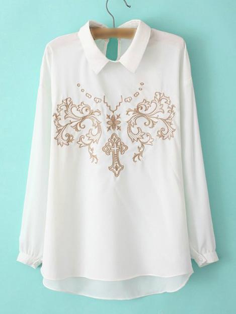 Romwe White Keyhole Back Long Sleeve Embroidery Blouse