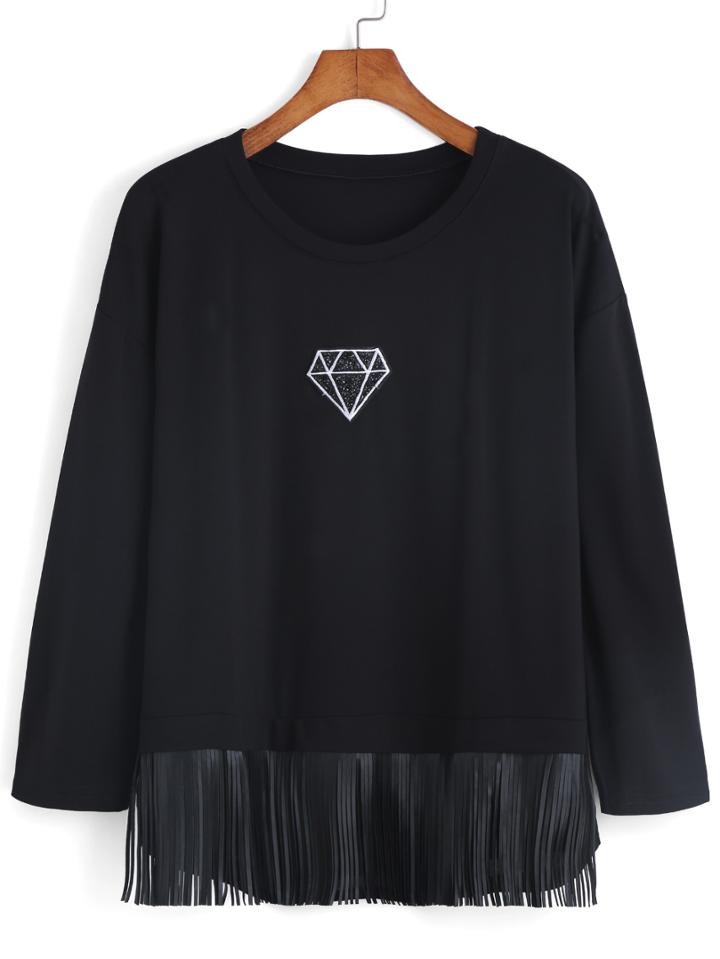 Romwe Diamond Embroidered Tassel Blouse