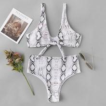 Romwe Snakeskin Tie Front Top With High Waist Bikini