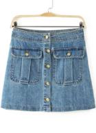 Romwe Blue Buttons Pockets Denim Skirt